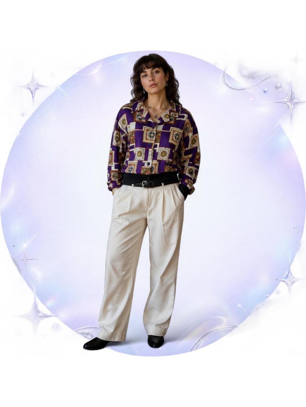 Vintage 1980s Fashion Attitudes Purple Mosaic Blouson Blouse